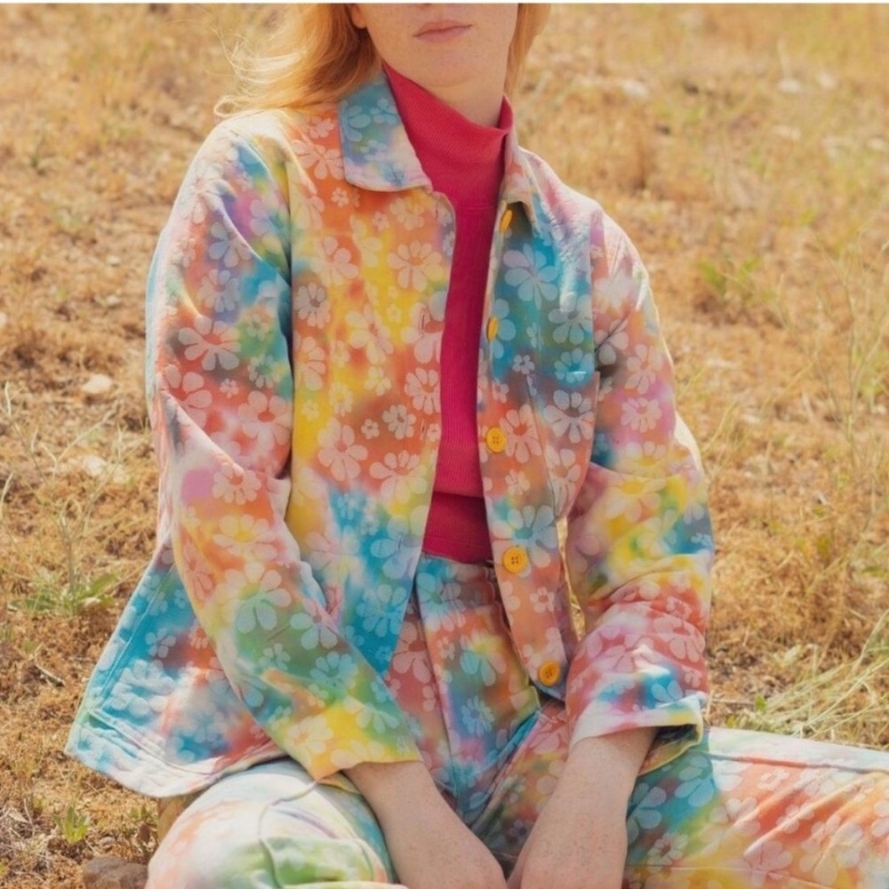 BIG BUD PRESS *RARE* Tie Dye Jacquard‎ Rainbow Lazy Daisy Flower Work Jacket